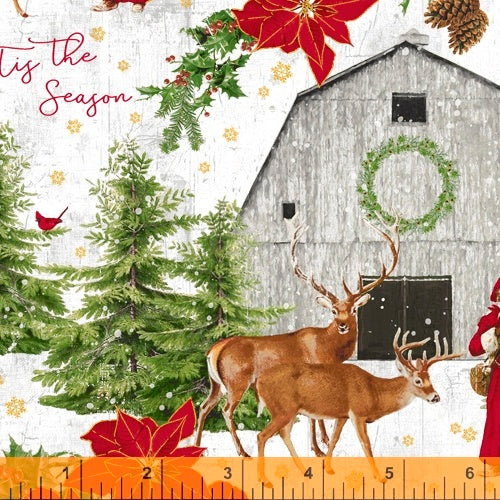 Comfort & Joy Snow Tis The Season Barn White with Gold Metallic Katie Pertiet Windham Fabrics Cotton Fabric WF-51883M-1