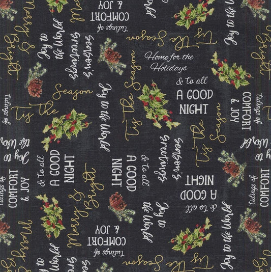 Comfort and Joy Holiday Words Metallic Black Windham Cotton Fabric WF-51886M-3