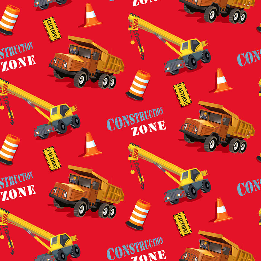 Construction Zone Crane and Dump Truck Red Robert Giordano Henry Glass Cotton Fabric HG-386-88