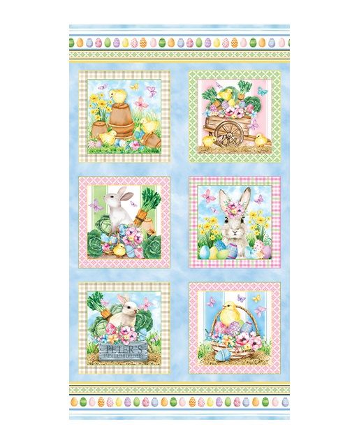 Cottontail Farms Rabbit Chicks 24" Panel Blue Nicole Decamp Benartex Cotton Fabric