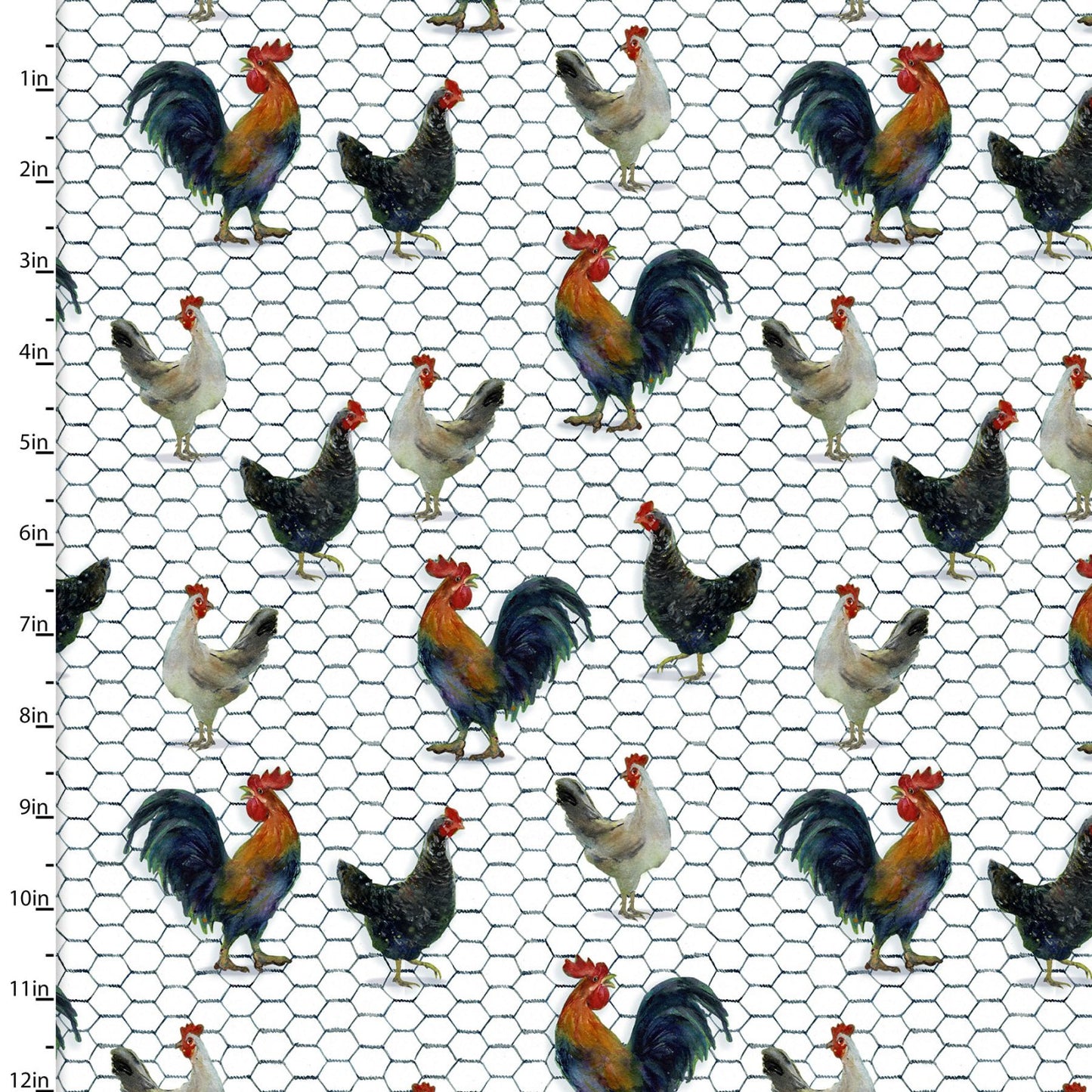 Country Living Chicken Dance White John Keeling 3 Wishes Fabrics Cotton Fabric 3W-21681-WHT