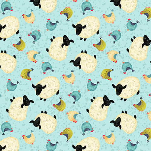 Country Fair Sheep and Hens Aqua Multi Nancy Archer Studio E Cotton Fabric SE-8209-17