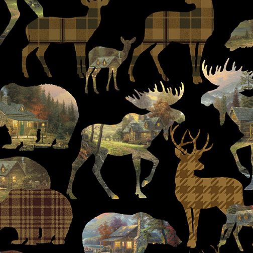 Cozy Cabin Scenic Woodland Animals Black Thomas Kinkade Benartex Cotton Fabric