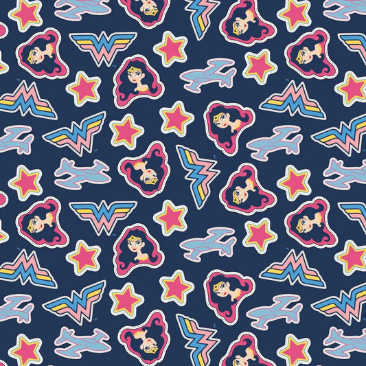 DC Comics Wonder Woman Jr Tossed Stickers Navy Camelot Fabrics Cotton Fabric CF-23421457-2
