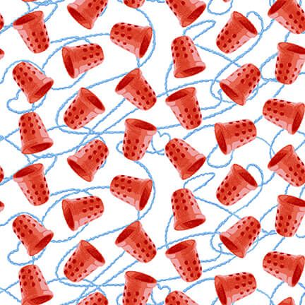 Just Sew Happy Red Tossed Thimbles White Jane Alison Henry Glass Cotton Fabric HG-491-81-White