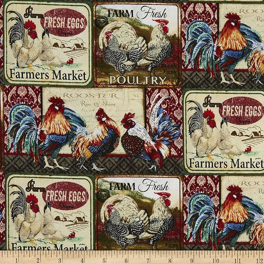 Rise and Shine Rooster Chicken Multi David Textiles Cotton Fabric DT-AL-3592-8C-1