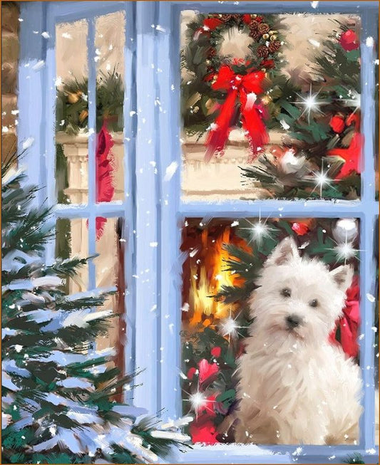 Christmas Dog Winter Window Scene Panel 36" David Textiles Cotton Fabric DT-AL-3790-9C-1