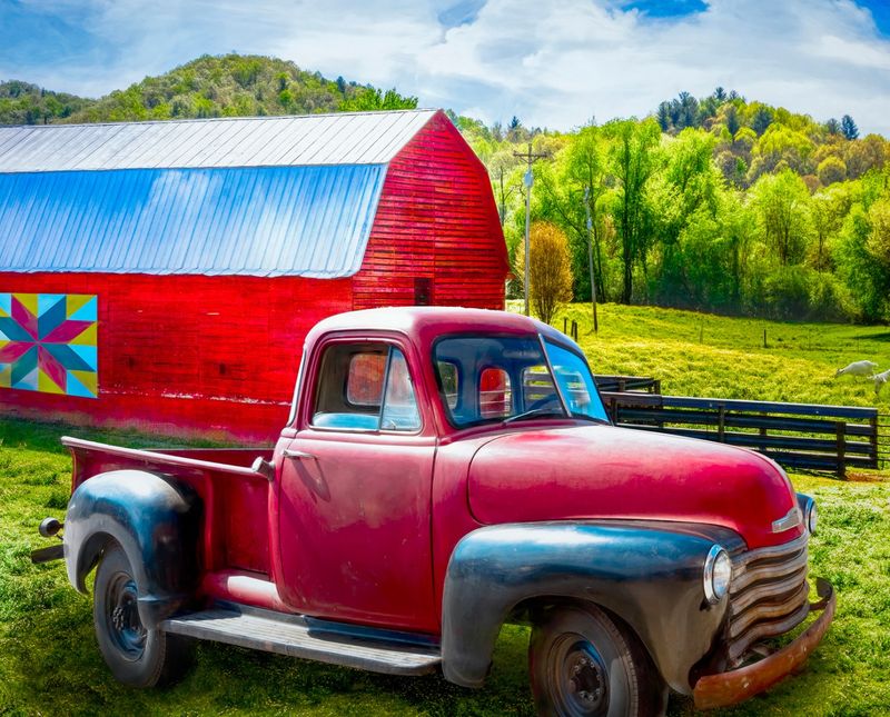 Red Truck at Red Barn Quilt Symbol 36" Panel Art Licensing David Textiles Cotton Fabric AL-3813-9C-1