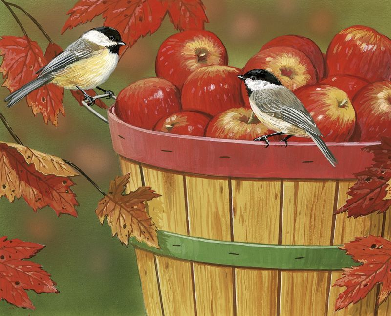 Apples Chickadees Panel 36" William Vanderdasson David Textiles Cotton Fabric DT-AL-3970-9C-1