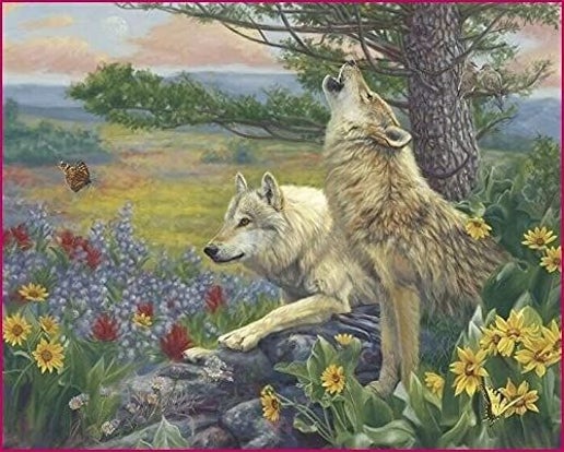Wolves Spring Flowers Forest Scene 36" Panel David Textiles Cotton Fabric DT-AL-4776-0C-1 Multi