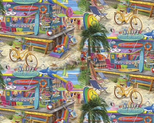 Shaggy's Surf Shack Surf Shop Allover David Textiles Cotton Fabric DT-AL-4628-1C-1