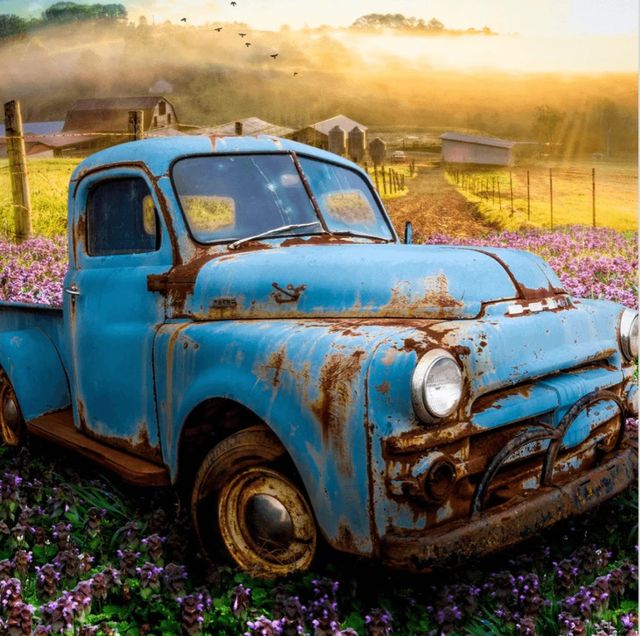 Old Blue Truck Panel 36" Four Seasons Collection David Textiles Cotton fabric DT-AL-5098-2C-1