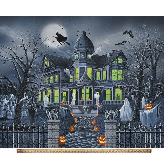Halloween Ghostly Gathering Panel 36" Haunted House Ghost Witch David Textiles Cotton Fabric DT-AL-5661-2C-1