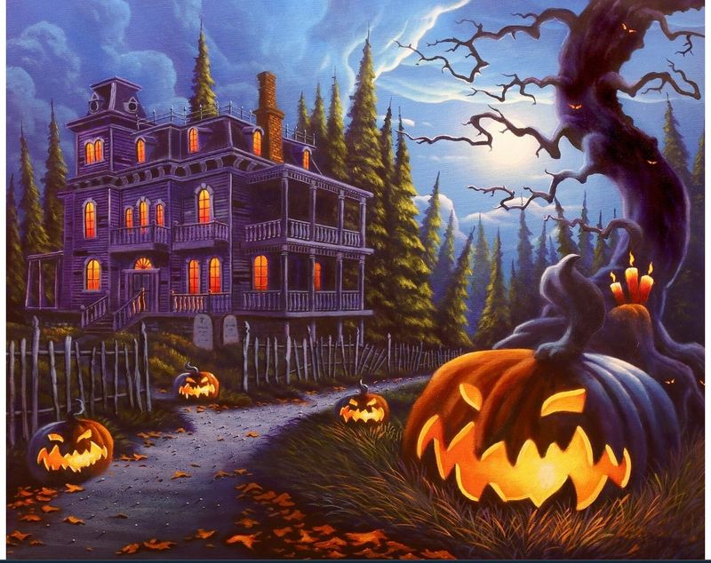 Halloween Spooky House Jack o Lantern Pumpkins 36" Panel David Textiles Cotton Fabric DT-AL-5880-0C-11