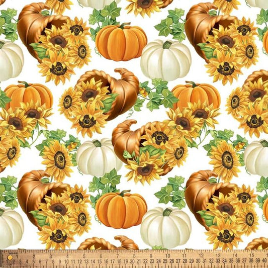 Sunflower Cornucopia White David Textiles Cotton Fabric DT-DX-3078-1C-1