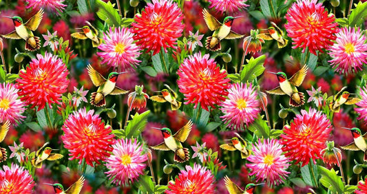 Dahlias & Hummingbird Allover Prints David Textiles Cotton Fabric DT-GG-0037-9C-1 Multi