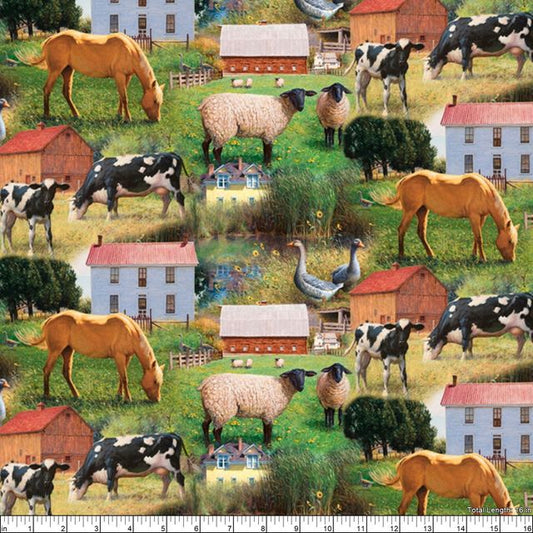 Farm Scene Horses Cows Barn Ducks House David Textiles Cotton Fabric DT-WW-3163-9C