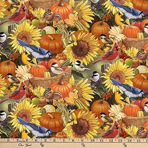 Birds and Pumpkins Sunflowers Allover Prints David Textiles Cotton Fabric Panel DT AL 3162 6C 1 Multi