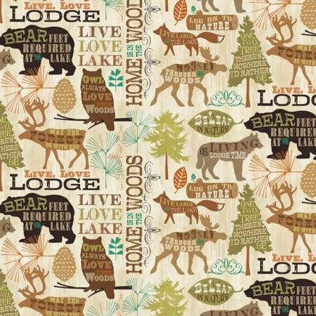 Cabin Lake Mountain Animal Live Love Lodge Cream and Brown David Textiles Cotton Fabric DT WA 3439 8C 1