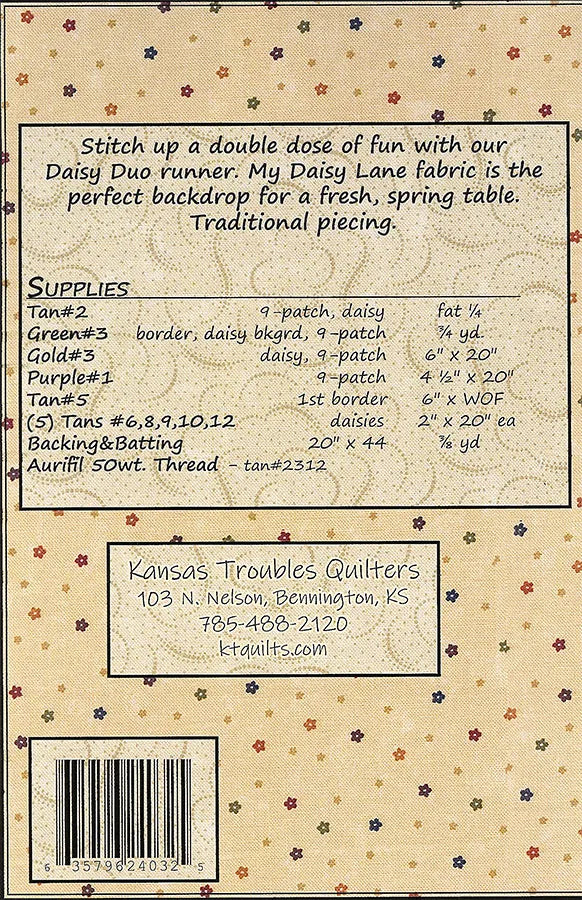 Daisy Lane Daisy Duo G Home Decor Table Runner Pattern 16"x40" Lynne Hagmeier Kansas Troubles Quilters KT-24032