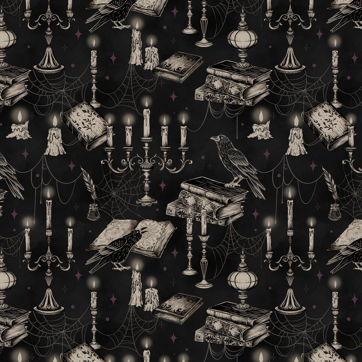 Darkly Enchanted Candelabras Black Episodic Drawing Blank Quilting Cotton Fabric BQ-4799-99 | US Fabric Shop