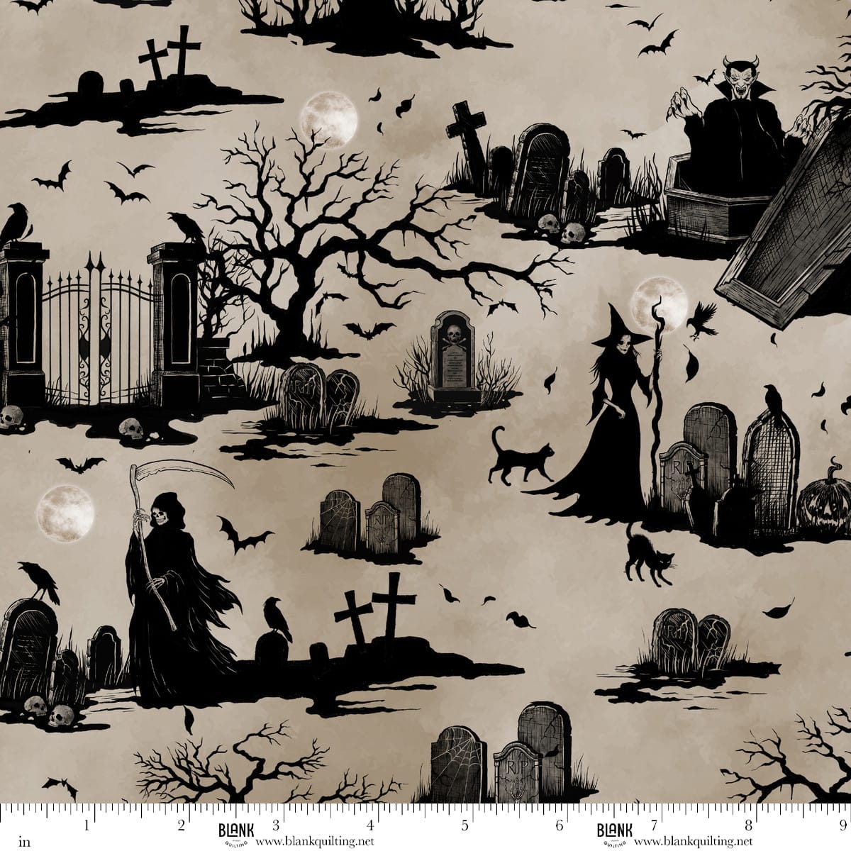 Darkly Enchanted Cemetery Silhouette Taupe Episodic Drawing Blank Quilting Cotton Fabric BQ-4796-41 | US Fabric Shop