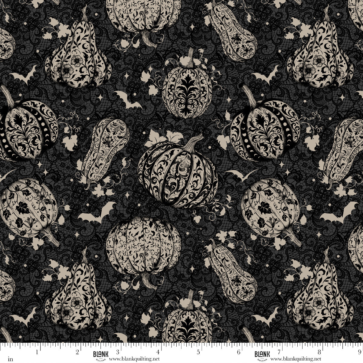 Darkly Enchanted Damask Pumpkins Charcoal Episodic Drawing Blank Quilting Cotton Fabric BQ-4795-98