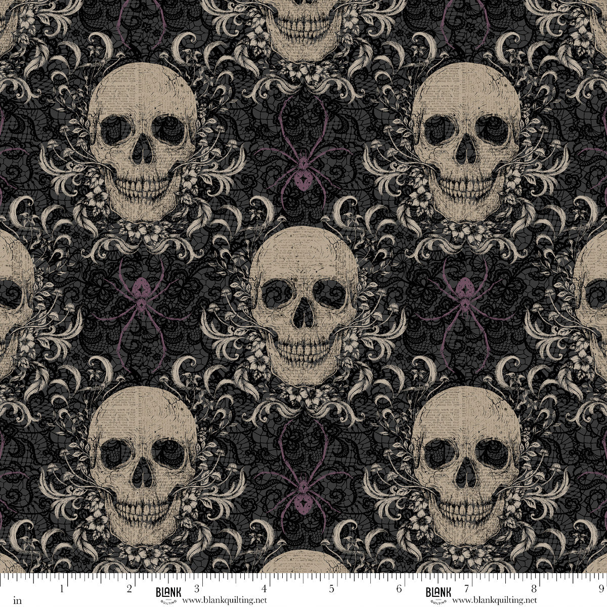 Darkly Enchanted Damask Skulls Charcoal Episodic Drawing Blank Quilting Cotton Fabric BQ-4794-98