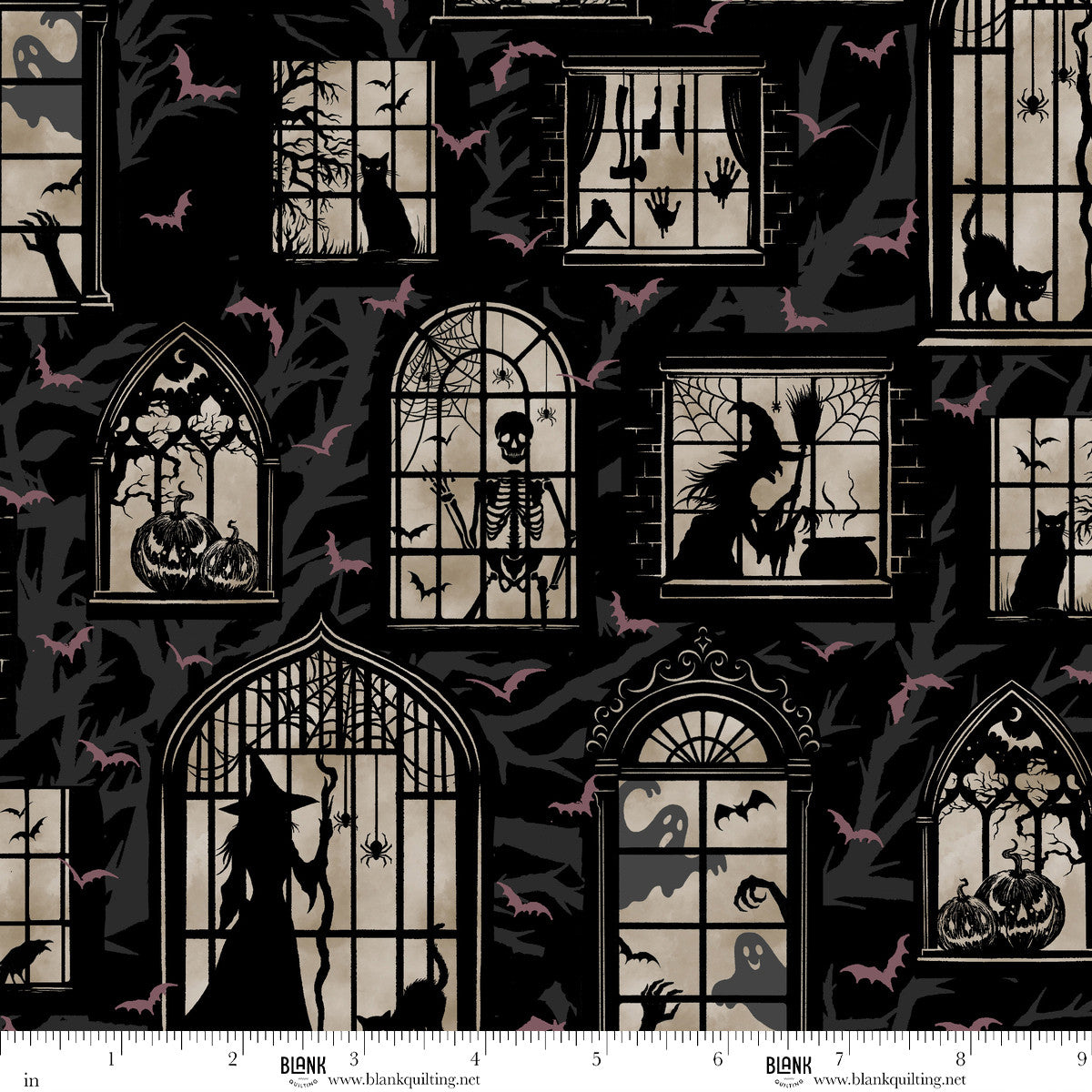Darkly Enchanted Mansion Windows Black Episodic Drawing Blank Quilting Cotton Fabric BQ-4793-99