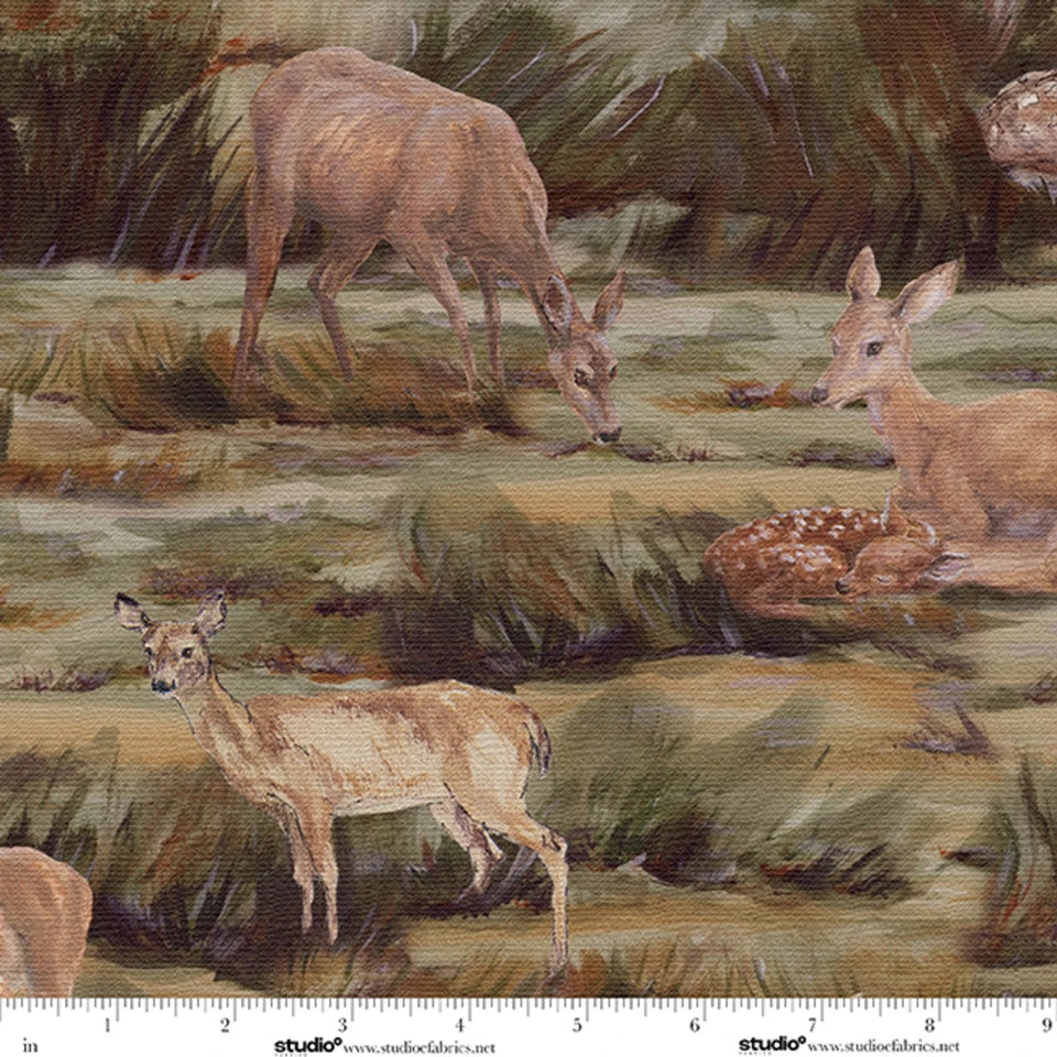 Dawn's Early Light Deer Meadow Gathering Moss Green Shirl Ireland Studio E Cotton Fabric SE-9050-62