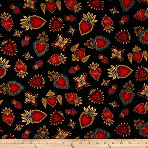 Day Of The Dead Sacred Hearts Black Timeless Treasures Cotton Fabric TT-HEART-CD6620 Black