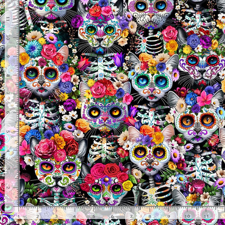 Day of the Dead Packed Skeleton Floral Cats Multi Timeless Treasures Cotton Fabric TT-CAT-CD3601-MULTI