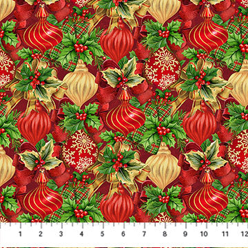 Deck the Halls Baubles Ornaments Red Multi Liza Bea Studio Northcott Cotton Fabric NC-28997-24