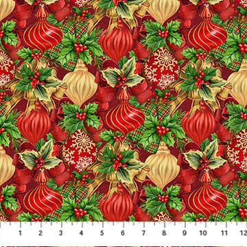 Deck the Halls Baubles Ornaments Red Multi Liza Bea Studio Northcott Cotton Fabric NC-28997-24 | US Fabric Shop