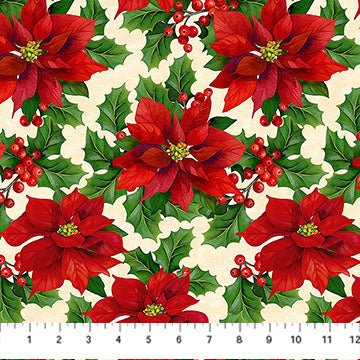 Deck the Halls Poinsettias Beige Multi Liza Bea Studio Northcott Cotton Fabric NC-28996-12