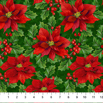 Deck the Halls Poinsettias Pine Green Multi Liza Bea Studio Northcott Cotton Fabric NC-28996-76