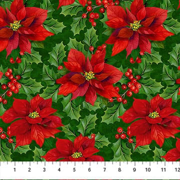Deck the Halls Poinsettias Pine Green Multi Liza Bea Studio Northcott Cotton Fabric NC-28996-76 | US Fabric Shop