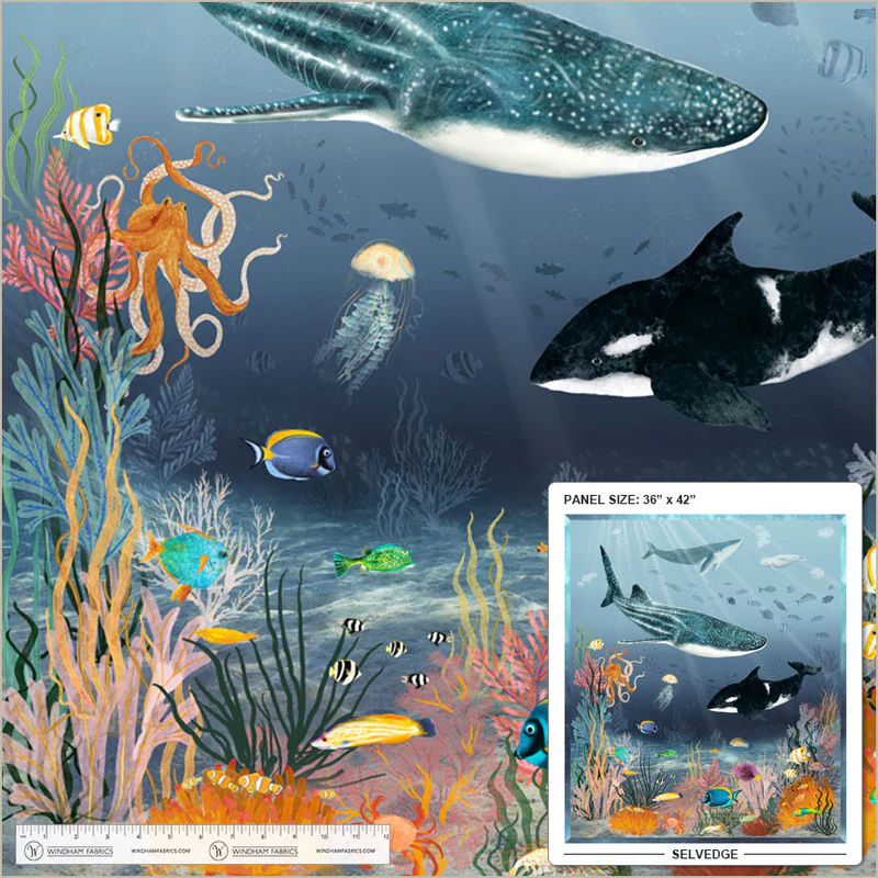 Deep Blue Beyond the Reef Panel 36" Deep Blue Katherine Quinn Windham Fabrics Cotton Fabric WF-55253DP-1