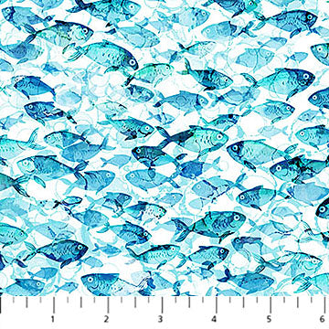 Deep Blue Fish White Multi Deborah Edwards and Melanie Samra Northcott Cotton Fabric NC-DP28123-10