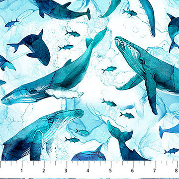 Deep Blue Whales White Multi Deborah Edwards and Melanie Samra Northcott Cotton Fabric NC-DP28122-10