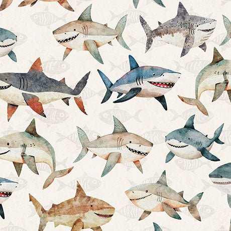 Deep Sea Dazzle Sharks Toss Beige Morris Creative Group Quilting Treasures Cotton Fabric QT-2600-31199-E