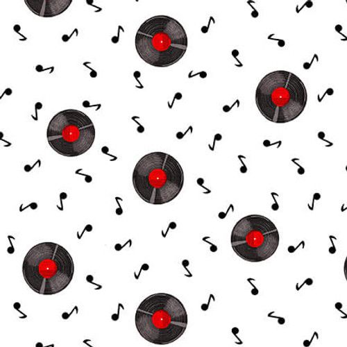 Diners and Drive-Ins Records musical notes White Jen Bucheli Blank Quilting Cotton Fabric