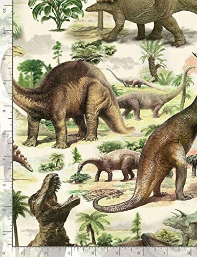 Dinosaur and Jungle Scene Beige Timeless Treasures Cotton Fabric TT C7816 Multi