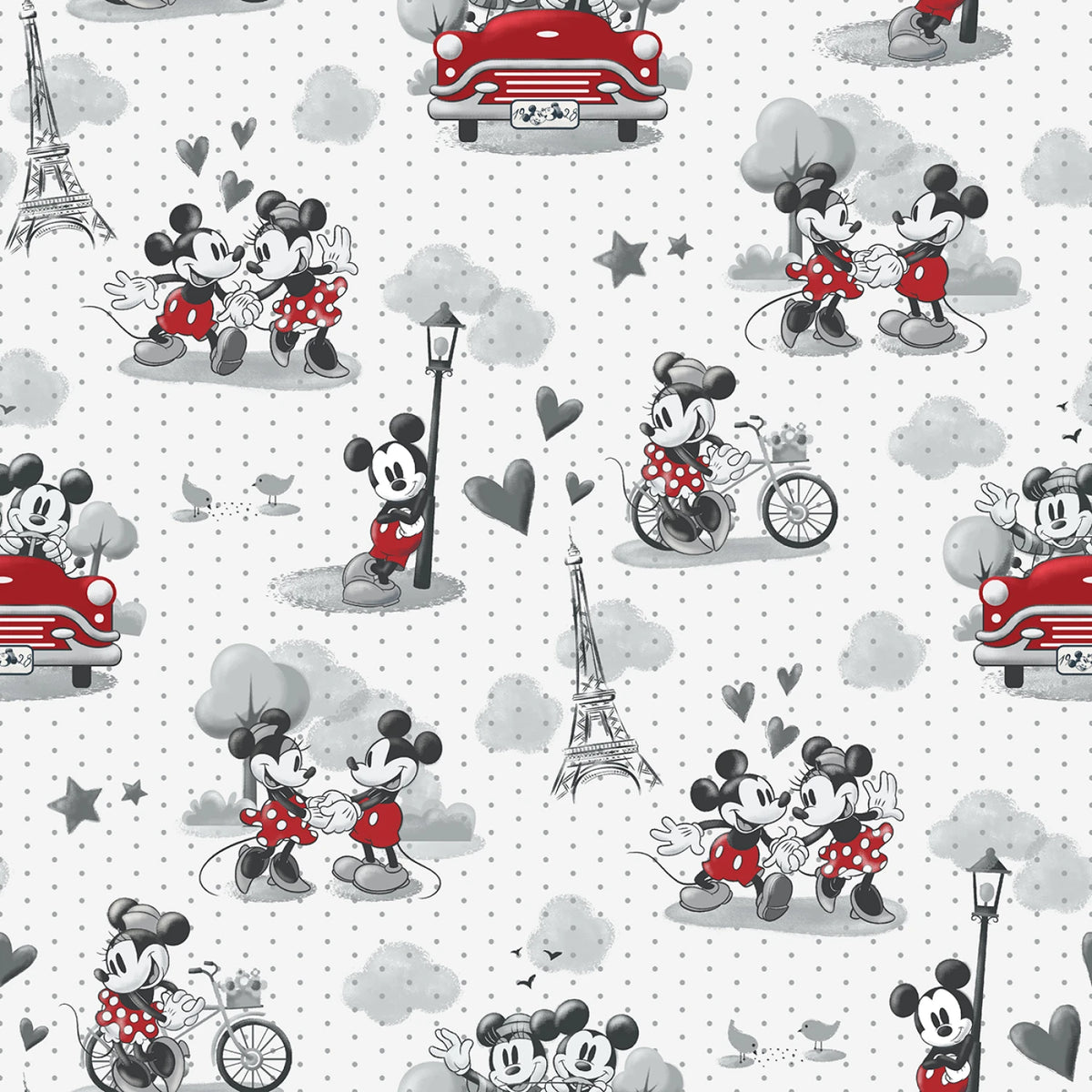 Disney Mickey Minnie Mouse Vintage Paris Eiffel Tower Bicycle White Springs Creative Cotton Fabric SC-65215 | US Fabric Shop