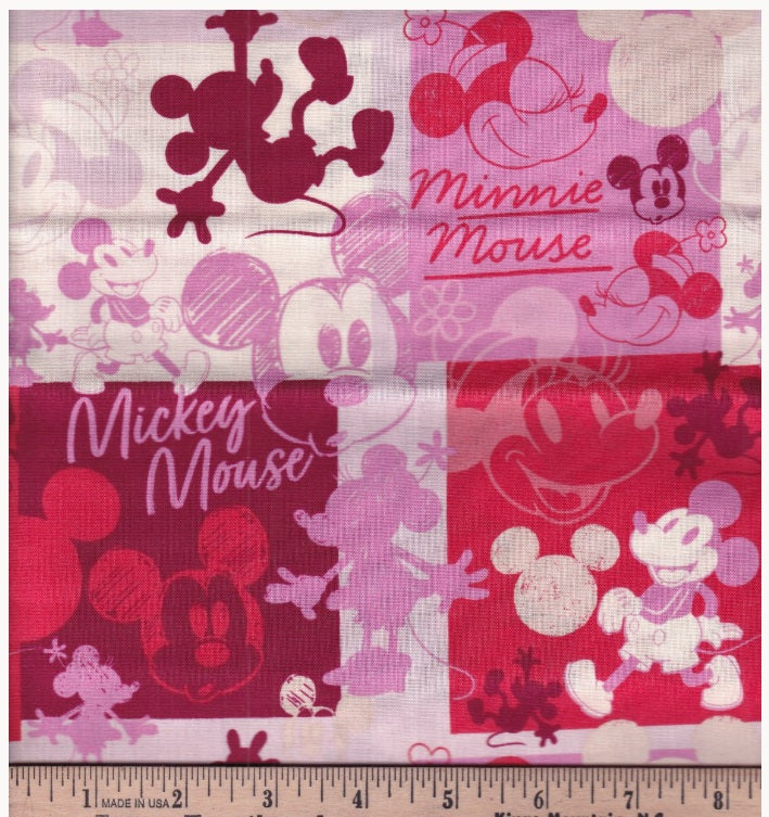 Disney Mickey Minnie Mouse Vintage Squares Pink Red Springs Creative Cotton Fabric SC-80470