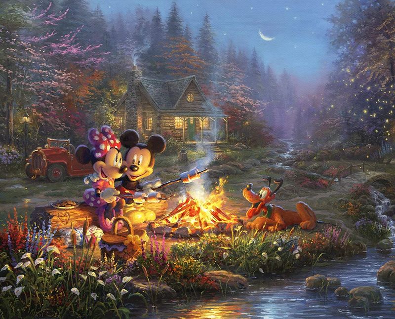 Disney Mickey and Minnie Mouse Sweetheart Campfire Panel 35" Thomas Kinkade David Textiles Cotton Fabric
