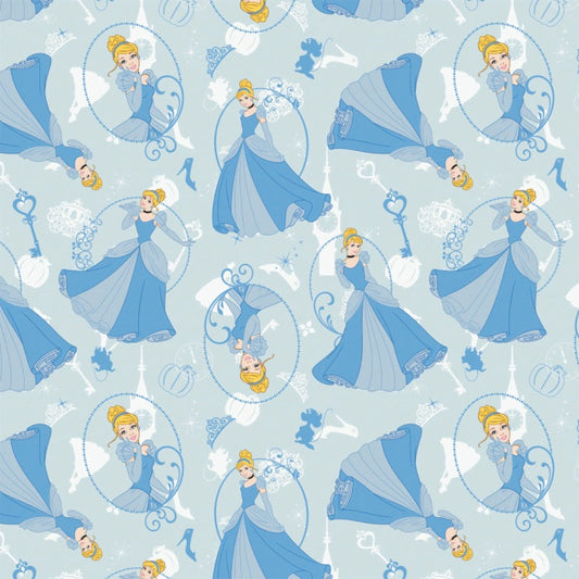 Disney Princess Heart Strong Cinderella Blue Camelot Cotton Fabric