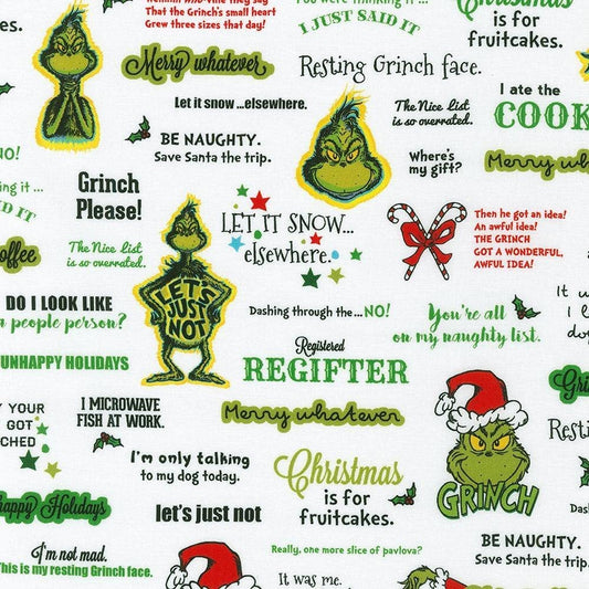Dr Seuss How the Grinch Stole Christmas Grinch Words Phrases Letters White Robert Kaufman Cotton Fabric RK-ADE-20280223