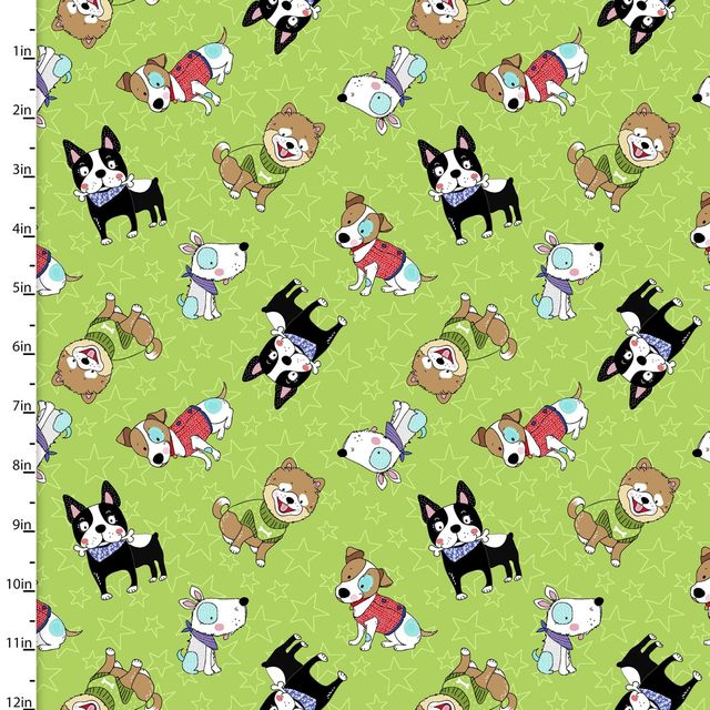 Dog Days Dogs Stars Green 3 Wishes Cotton Fabric