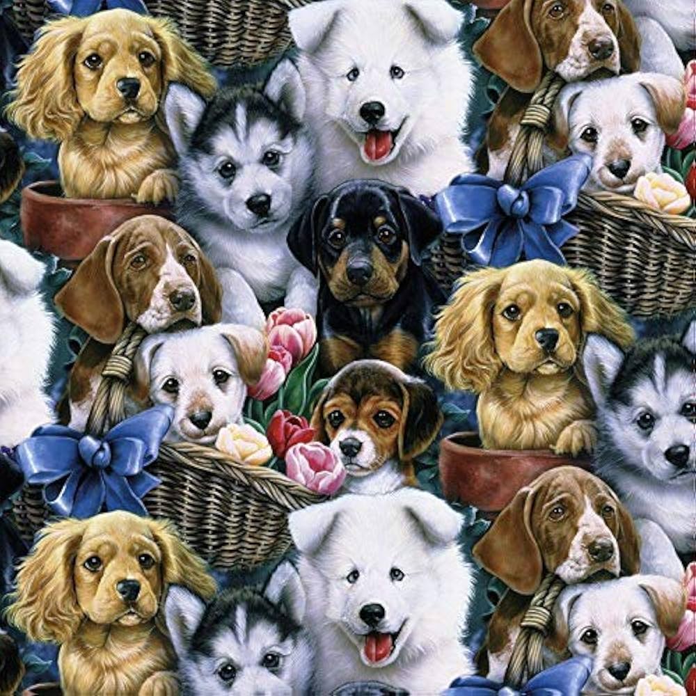 Dogs Valentine's Puppies Multi David Textile Cotton Fabric DT-AL-2002-3C-1